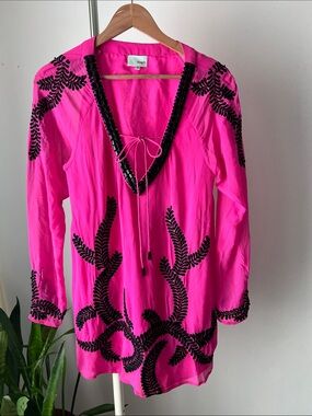 Single Hot Pink Long-Sleeve silk Embroidered V-Neck Tunic S